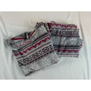 Fair Isle Snowflake Heart Fleece Pajama Set Long Sleeve Pants Gray Red Large